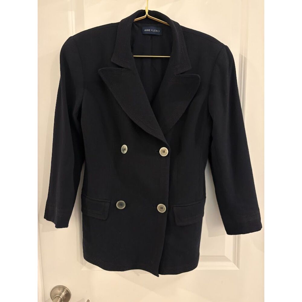 Vintage Anne Klein II Black Pure New Wool Double Breasted Blazer Women’s